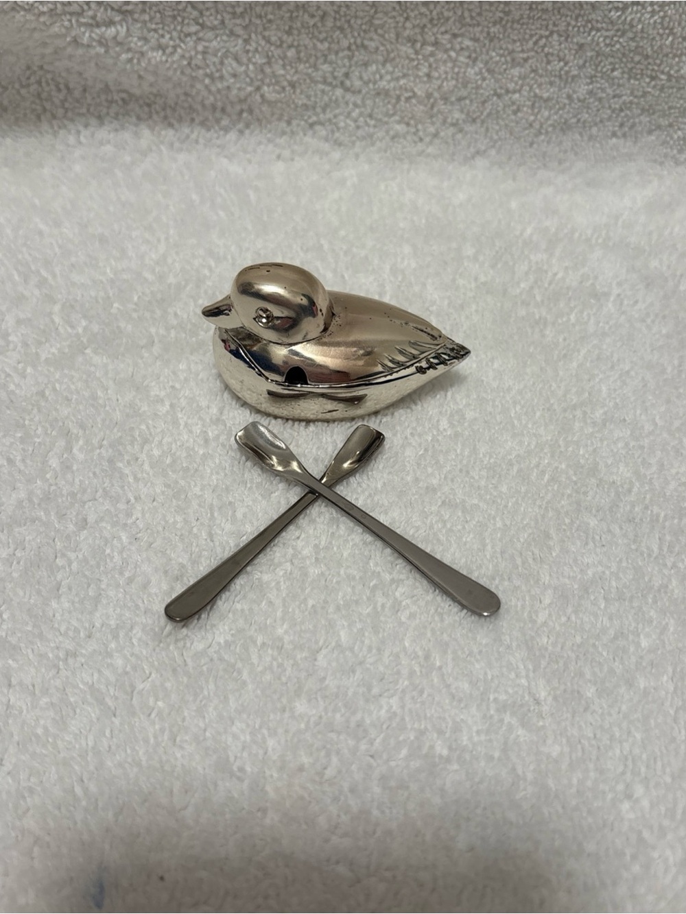 Vintage Silver Duck-Shaped Salt Cellar with Double Mini Spoons